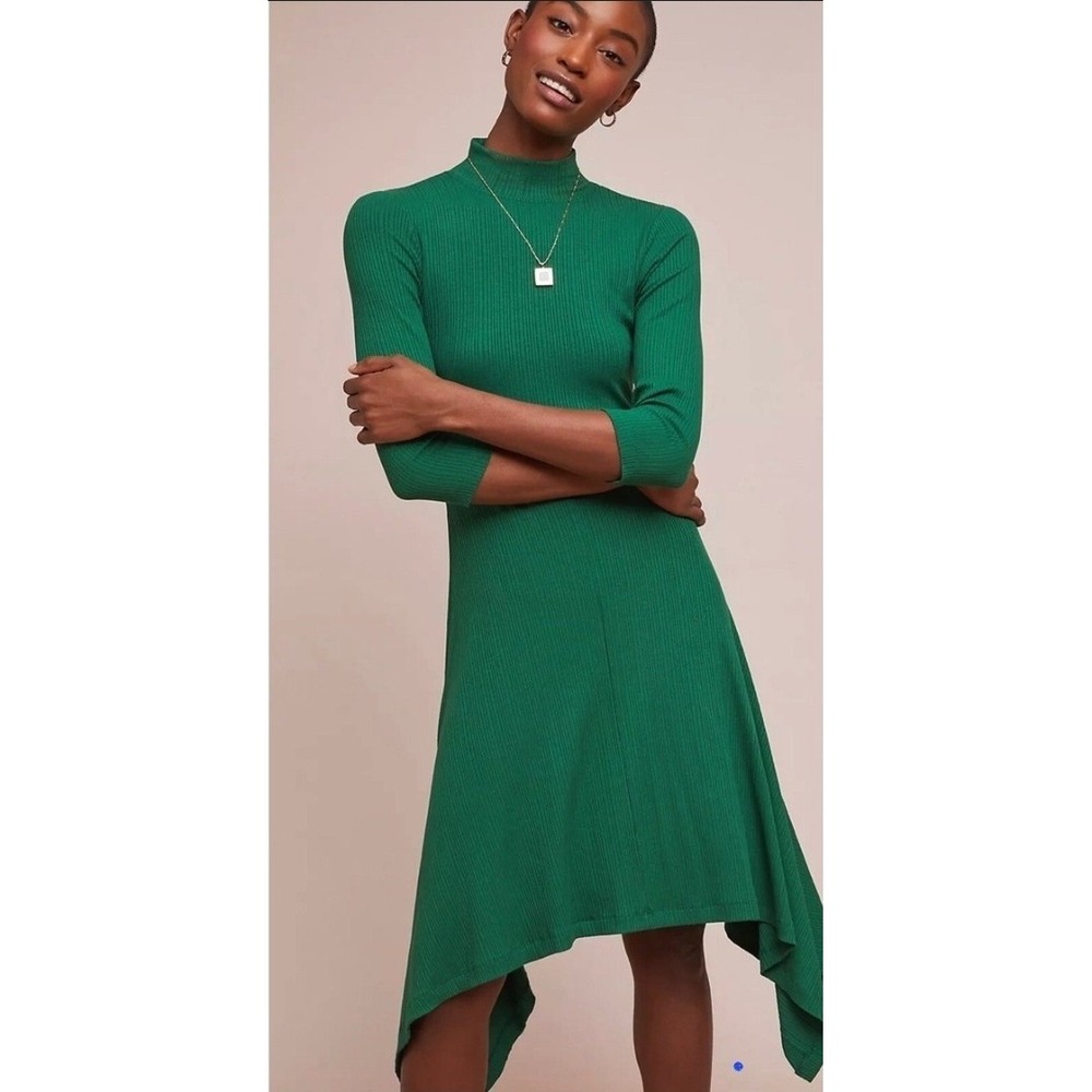 Anthropologie Building 18 Ribbed Turtleneck Asymmetrical‎ Dress Medium Green